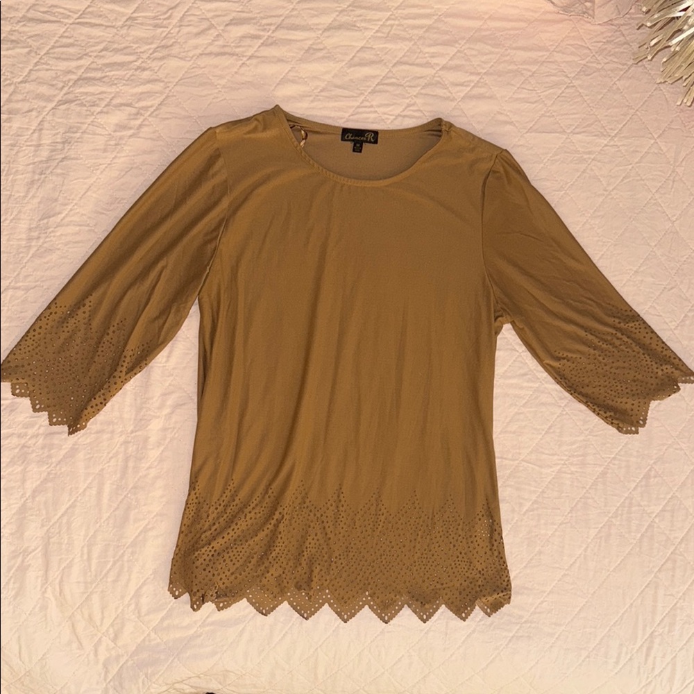 Tan Blouse with Three Quarter Sleeves and Scalloped Hem